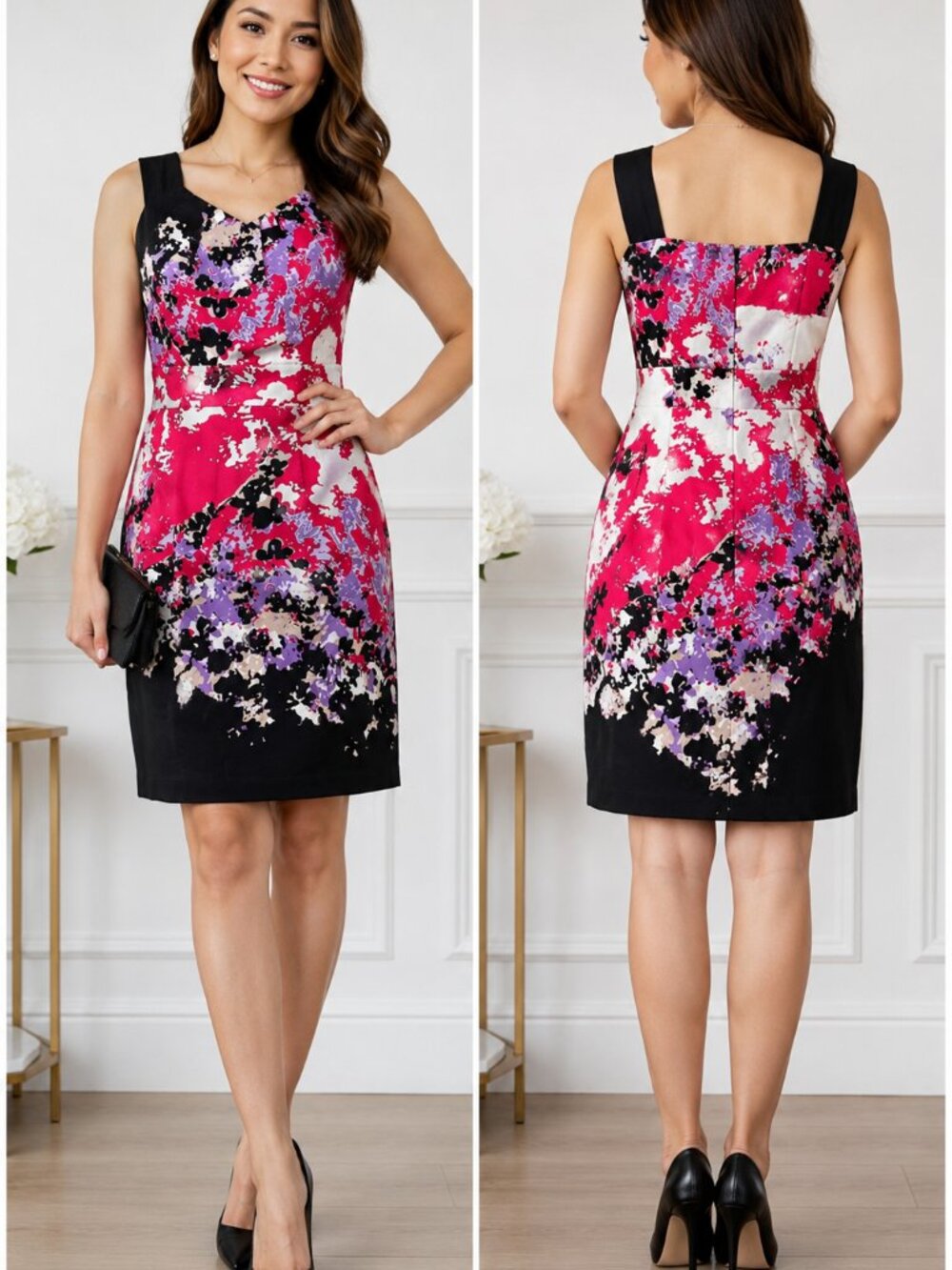 Cleo Petite 10 Pink Purple Floral Sheath Dress Career Cocktail Wedding